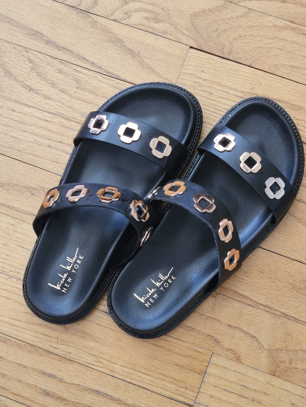 Nicole Miller Black Slide Sandals with Gold Accents - Picture 11 of 13